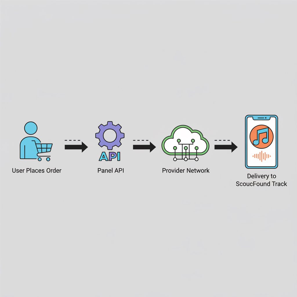 A diagram showing the flow of a SoundCloud SMM panel order, from user placing an order to the panel's API, to the provider network, and finally to accounts delivering plays to the SoundCloud track.