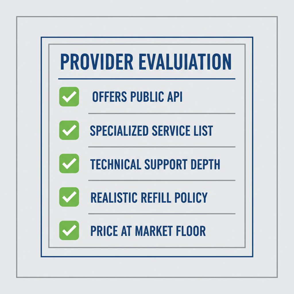 Lista de verificación para evaluar proveedores SMM, con criterios como acceso a API, soporte técnico y precios realistas.