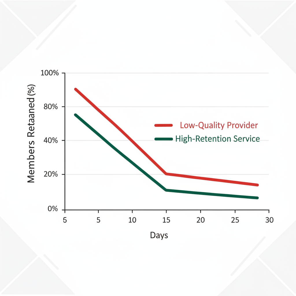 Graph showing high drop rate of cheap Discord members vs. stable rate of high-retention members over 30 days.