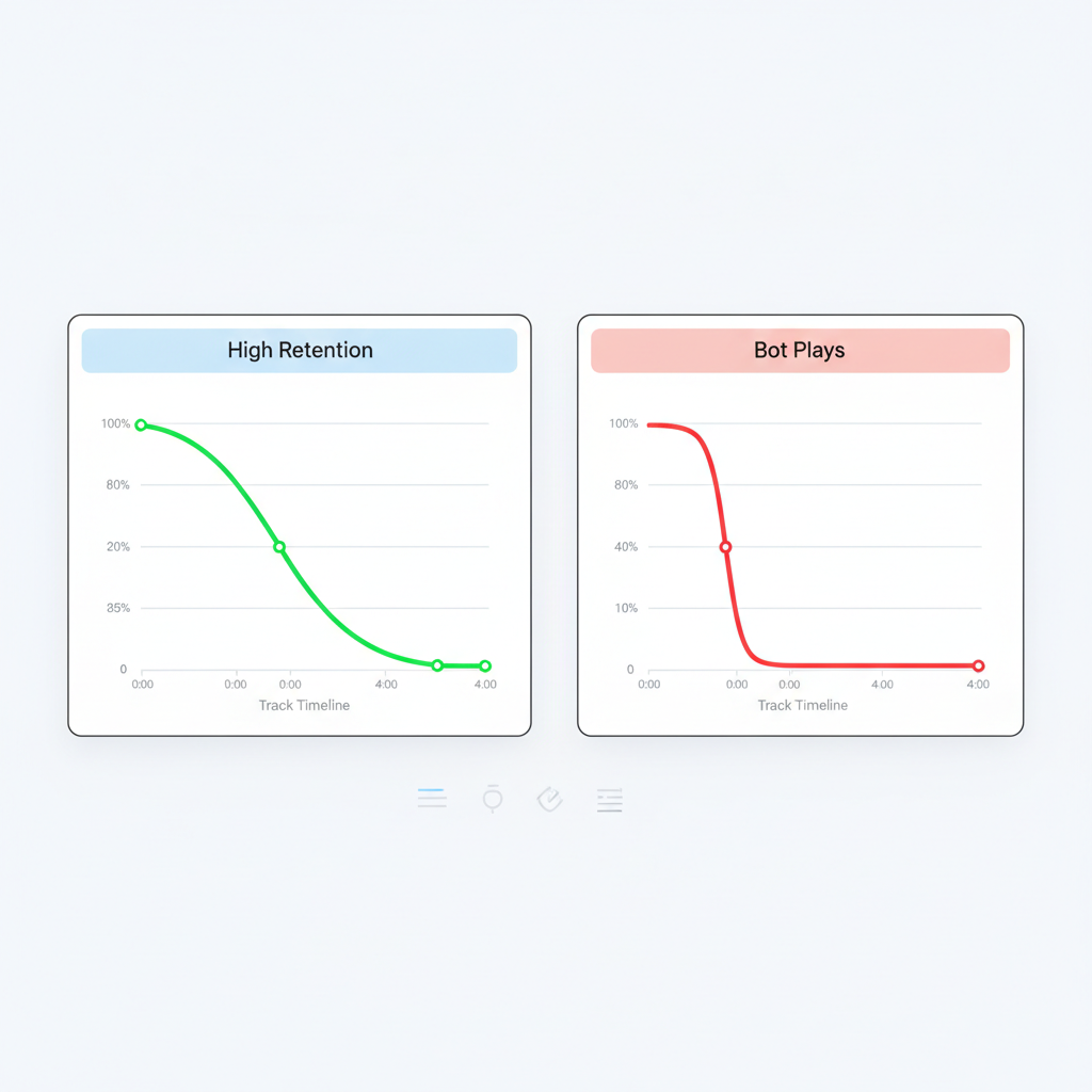 A dashboard interface showing a graph with a healthy listener retention curve, staying high throughout the track, contrasted with a poor retention curve that drops off immediately.
