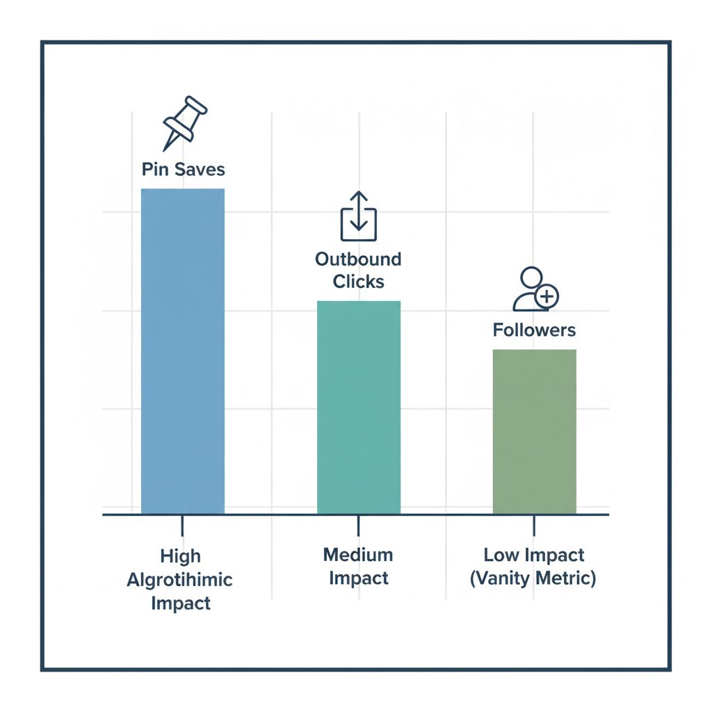A diagram comparing the algorithmic impact of different Pinterest signals. Pin Saves has the highest bar, followed by Outbound Clicks, with Followers having a very low bar labeled 'Vanity Metric'.