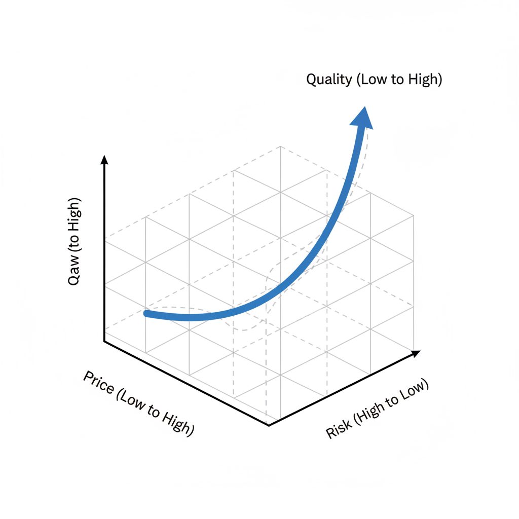 A diagram showing that as SMM service price increases, quality tends to increase while risk decreases, illustrating the trade-off for buyers.