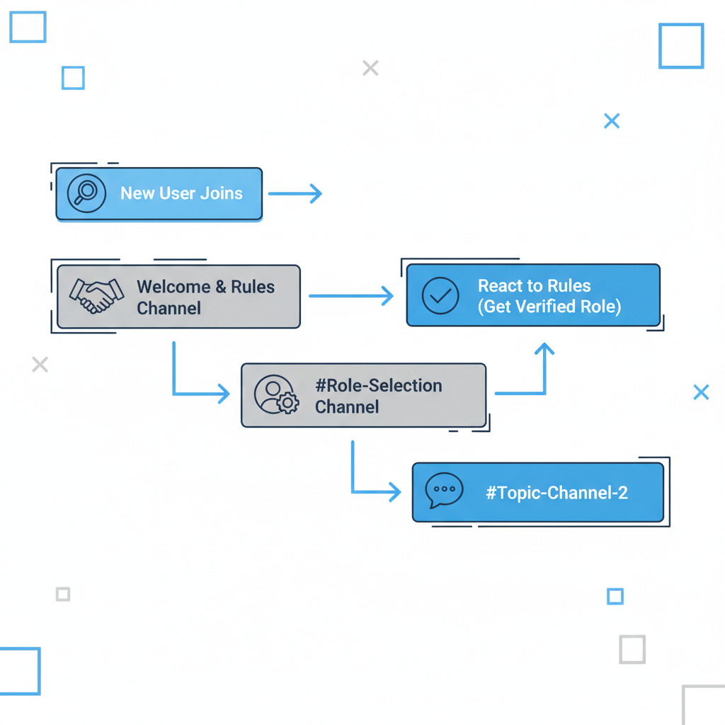 A flowchart showing a new Discord user going from a welcome channel, to a rules channel, then selecting roles to unlock specific community channels.