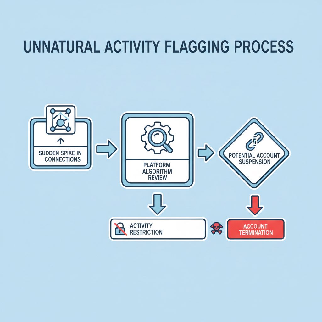 Flowchart of how sudden connection spikes on LinkedIn trigger account suspension.