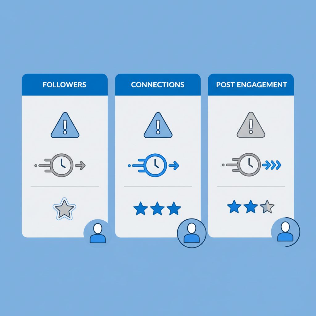 Diagram of risk vs. quality for LinkedIn SMM services like followers, connections, and engagement.
