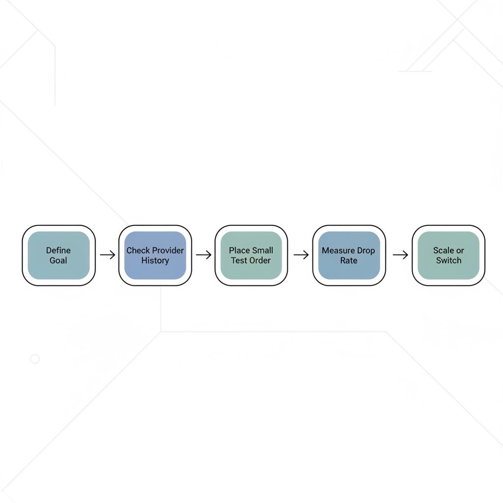 A flowchart showing the steps to vet an SMM provider. It flows from 'Define Goal' to 'Check Provider History', then to 'Place Small Test Order', then 'Measure Drop Rate', and finally 'Scale or Switch Provider'.