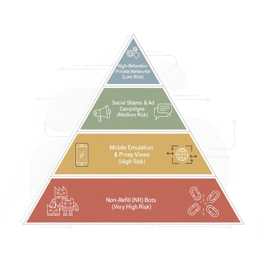 Pyramid diagram of YouTube view sources, ranking from low-risk 'High-Retention Networks' at the top to high-risk 'Non-Refill Bots' at the bottom.
