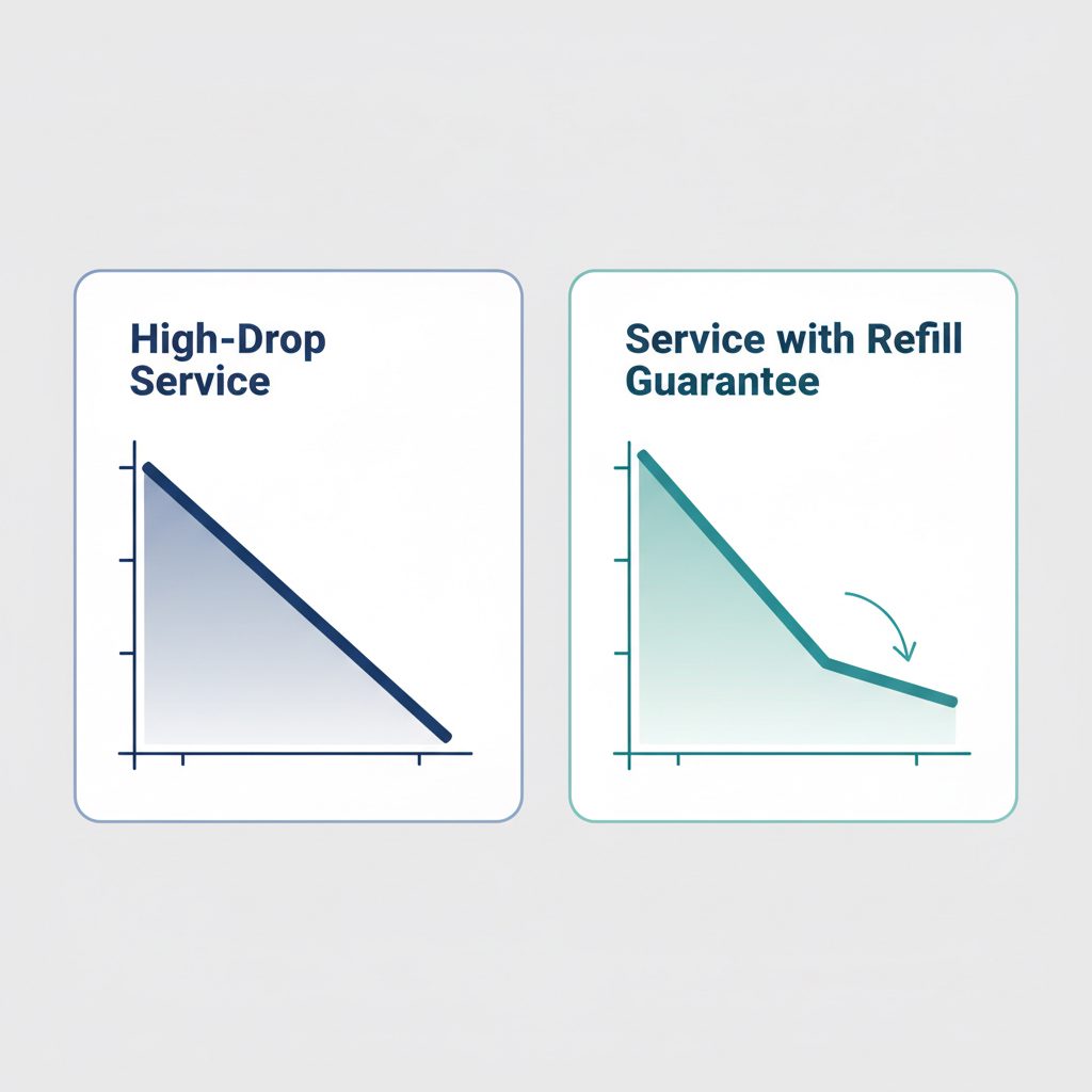 Diagram comparing high-drop vs. refill-guaranteed YouTube subscriber services. The refill service replaces lost subscribers.