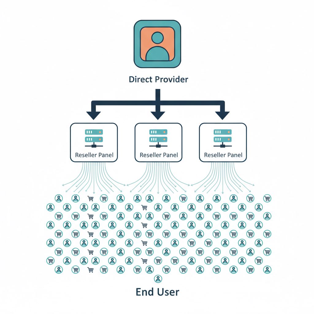 Diagram of the SMM supply chain, showing a direct provider feeding reseller panels who serve end-users.