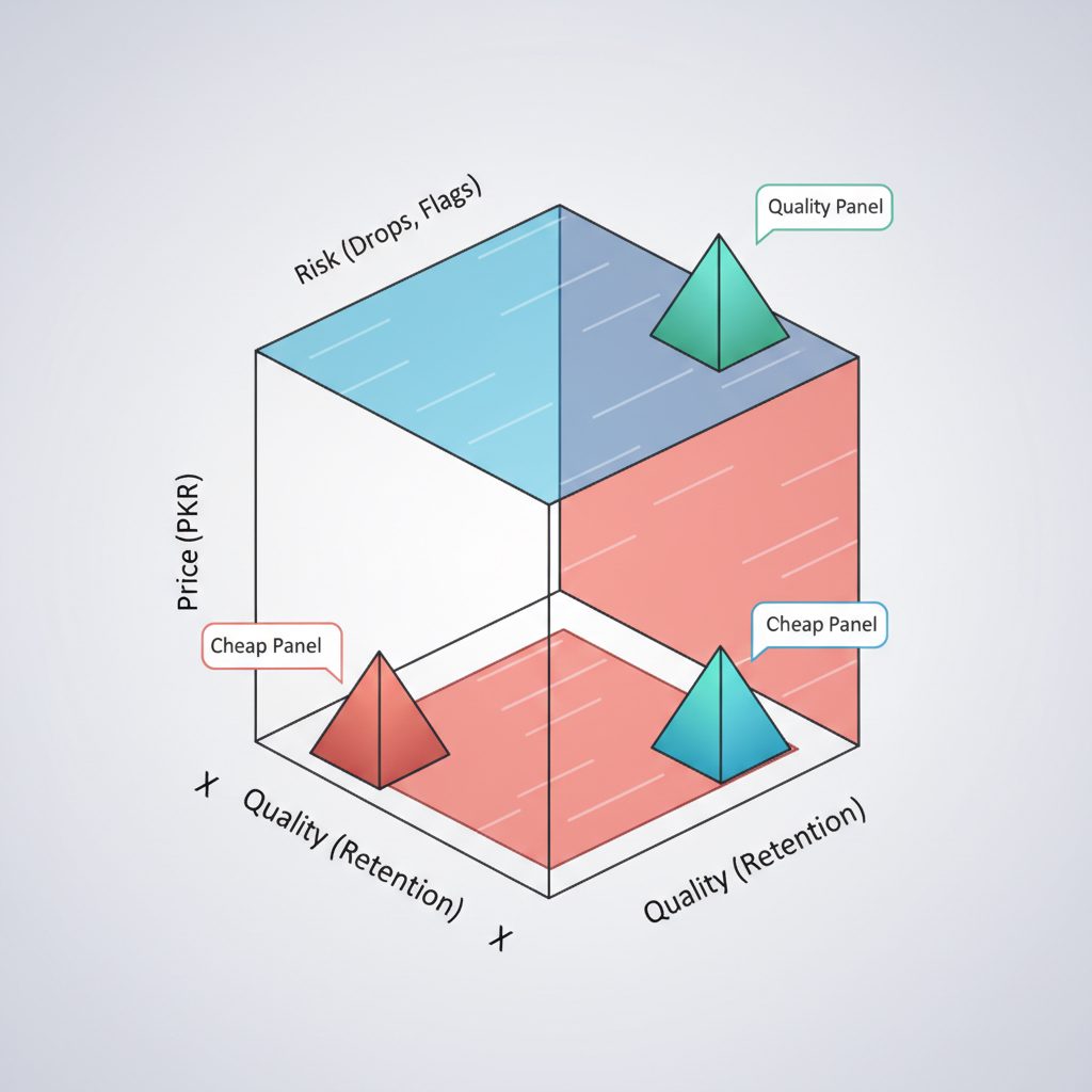 Un gráfico que ilustra que los servicios SMM baratos tienen baja calidad y alto riesgo, mientras que los servicios caros ofrecen alta.